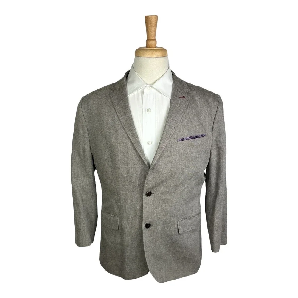 Ted Baker London Gray‎ Herringbone Cotton Mens Suit Size 5 Pant 34x27